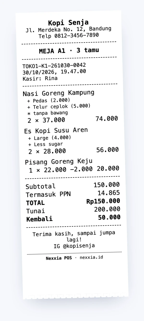 Contoh struk Nexxia POS untuk meja A1: nasi goreng dengan level pedas, topping telur, dan catatan tanpa bawang